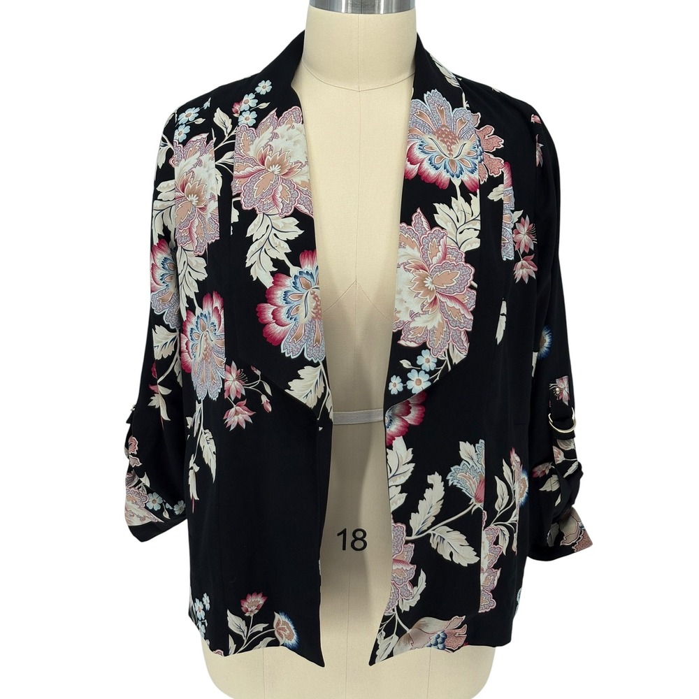 Chico's Open Front Blazer Black Floral D-Ring Tab Sleeve Size 3 XL